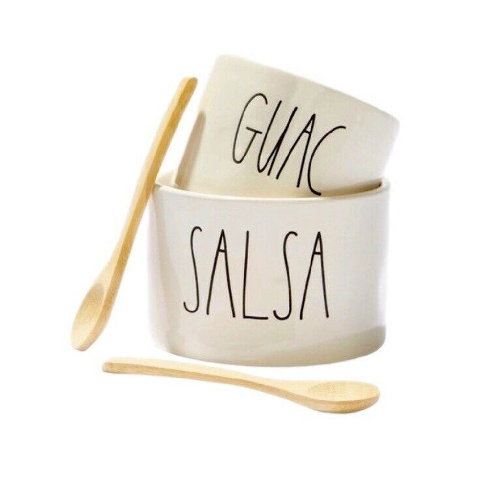 RAE DUNN NEW NIB Artisan Guac and Salsa Bowl & Bamboo Spoons Set